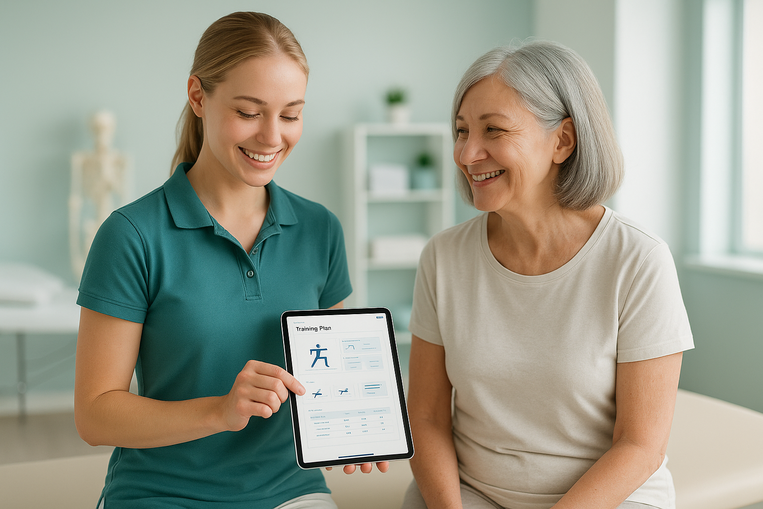 Physiotherapeutin zeigt Patientin die PhysioPlan App